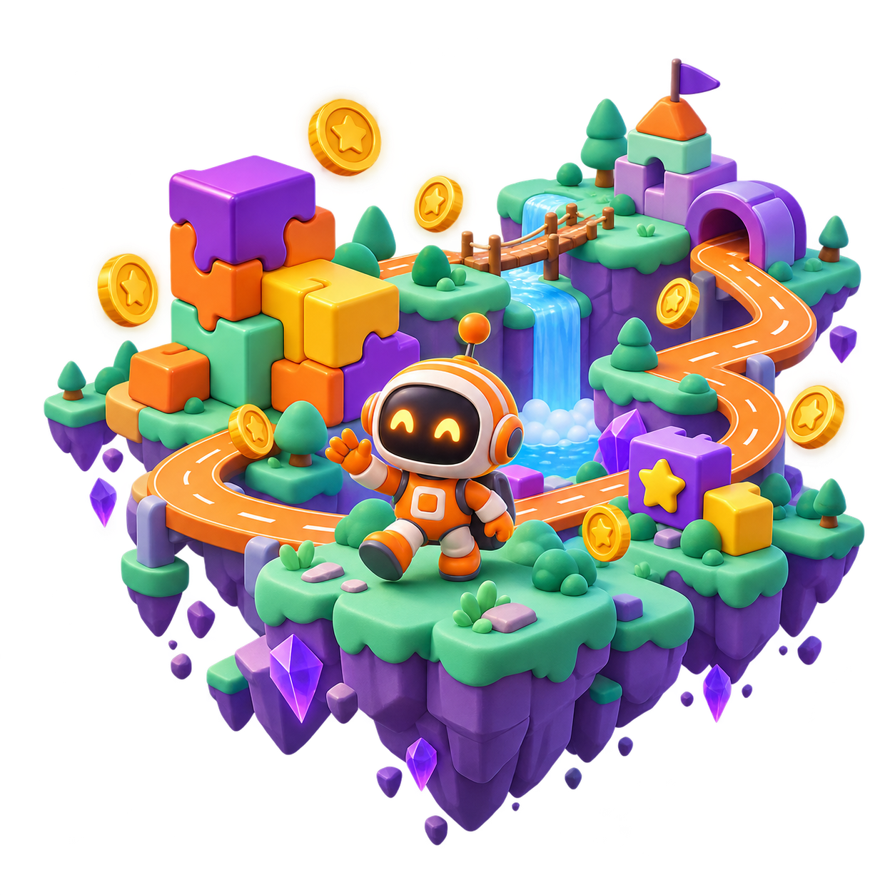 A playful floating game world with colourful puzzle blocks, a racing track and a friendly orange character